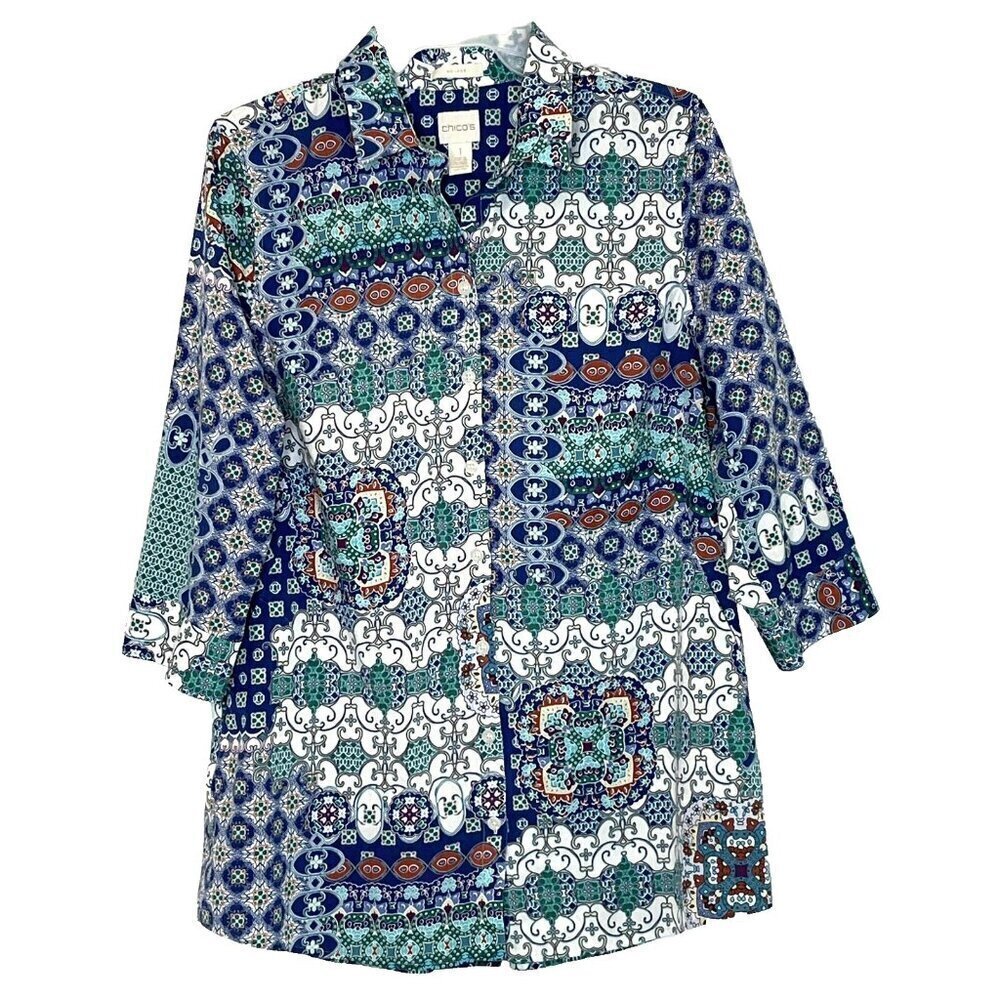 Chicos 1 Top Button Up No Iron Artsy Boho 3/4 Sleeve